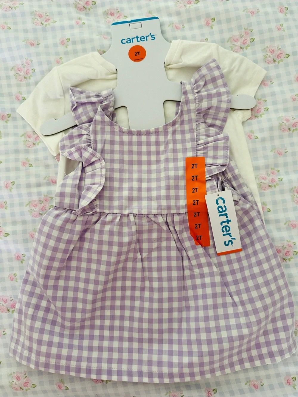 Carter's Lavender and White Gingham 3 piece set Ruffle Dress, shorts and tee. 2T
